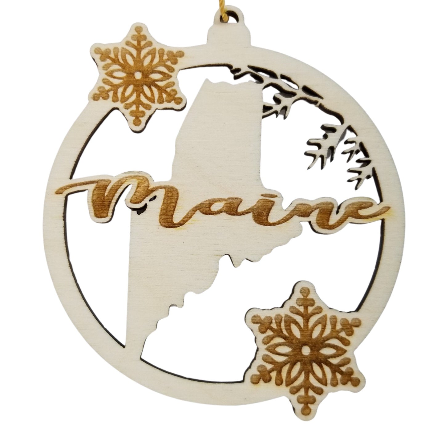 Wholesale Maine Wood Ornament -  State Shape with Snowflakes Cutout ME - Wood Souvenir