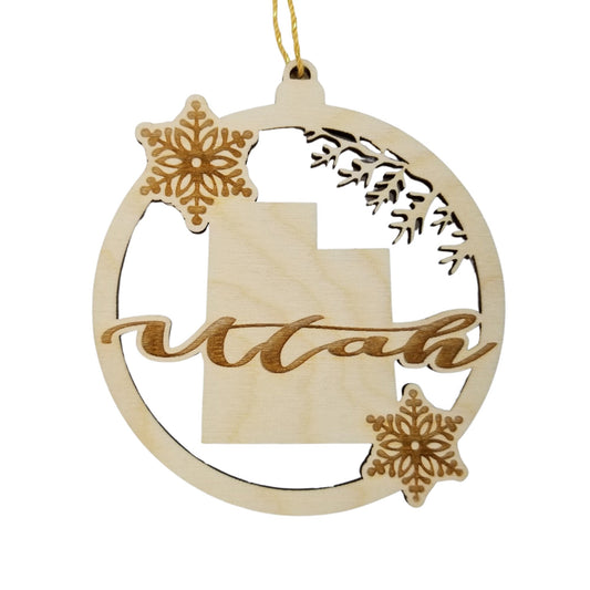 Wholesale Utah Wood Ornament -  State Shape with Snowflakes UT Cutout - Wood Souvenir