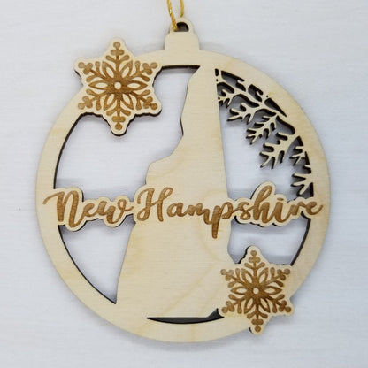 New Hampshire Wood Ornament -  NH State Shape with Snowflakes Cutout - Handmade Wood Ornament Made in USA Christmas Decor