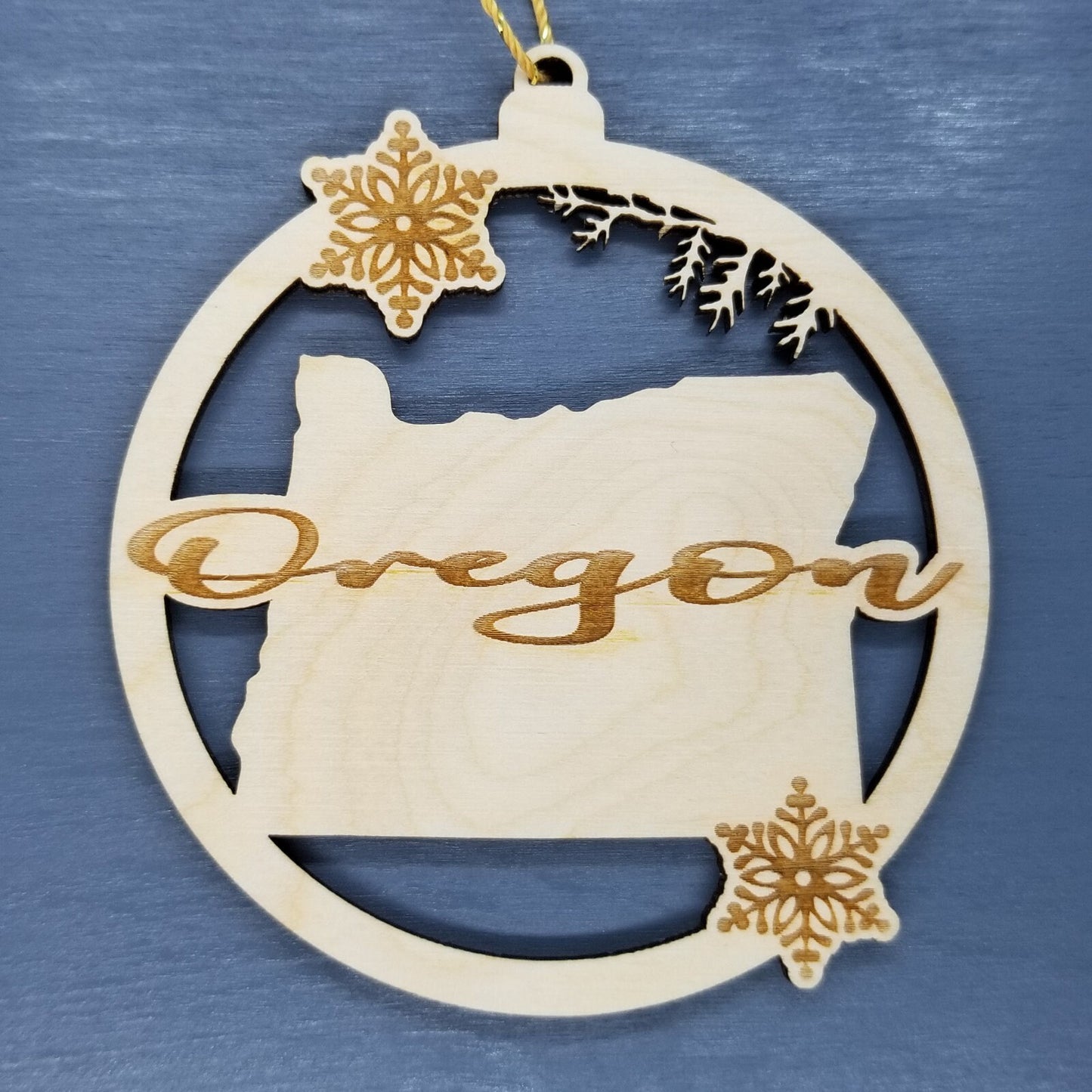 Oregon Wood Ornament -  State Shape with Snowflakes Cutout OR - Handmade Wood Ornament Made in USA Christmas Decor