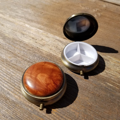 Handmade Pill Box 3 Sections Redwood Top California Burl #399 Souvenir Memento Rustic Antique Bronze