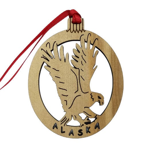 Alaska Christmas Ornament Eagle Wood - Handmade in USA - Travel Gift - Souvenir Memento - Laser Cut