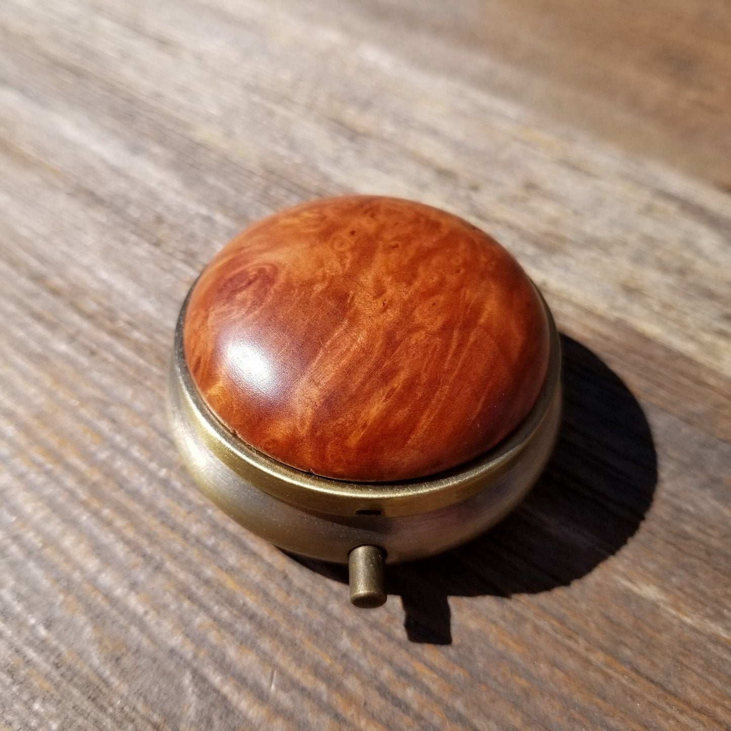 California Burl  Handmade Pill Box 3 Sections Redwood Top #417 Souvenir Memento Rustic Antique Bronze