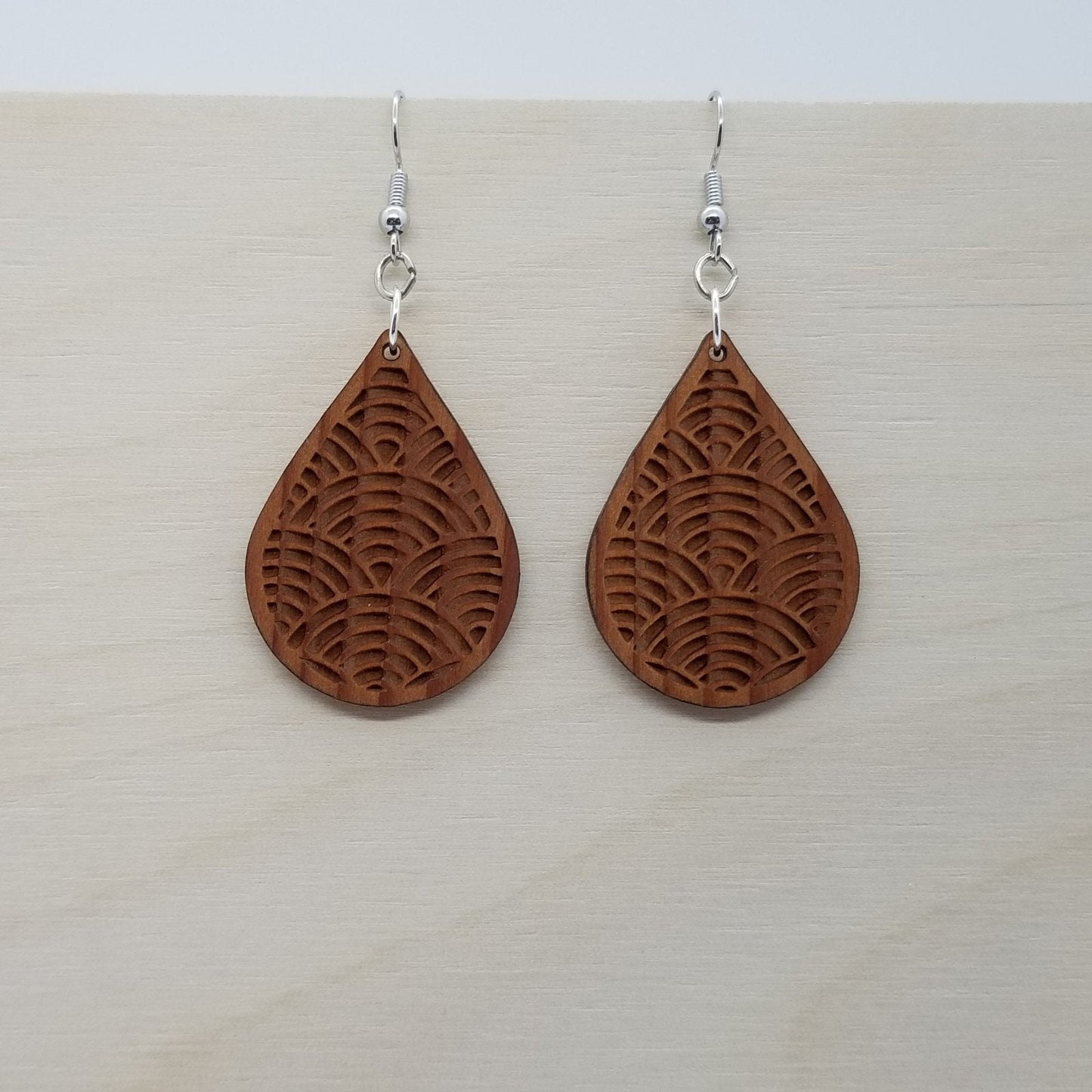 Redwood Earrings - Engraved Teardrop Wood Earrings - California Redwood Dangle Earrings - CA Souvenir Keepsake - Anniversary Gift