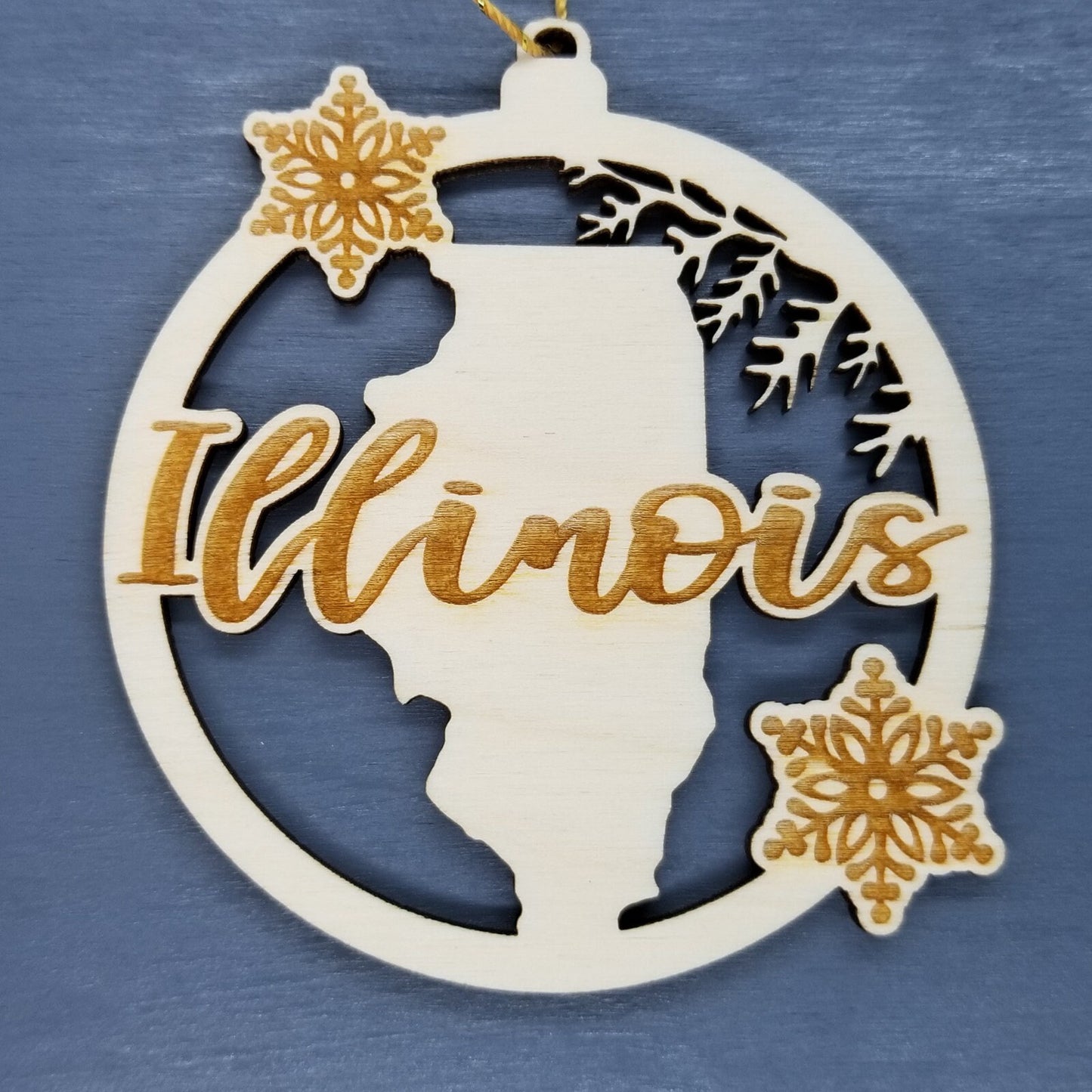 Wholesale Illinois Wood Ornament -  IL State Shape with Snowflakes Cutout - Wood Souvenir