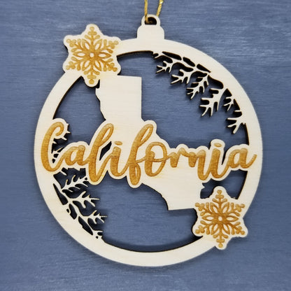 Wholesale California Wood Ornament -  CA State Shape with Snowflakes Cutout - Wood Souvenir