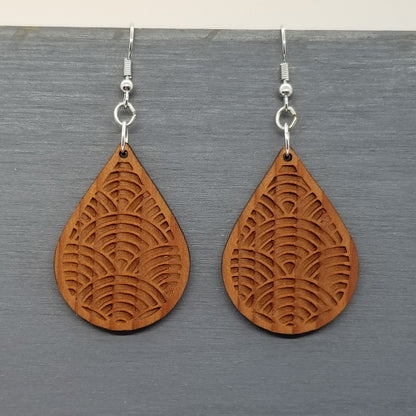 Redwood Earrings - Engraved Teardrop Wood Earrings - California Redwood Dangle Earrings - CA Souvenir Keepsake - Anniversary Gift