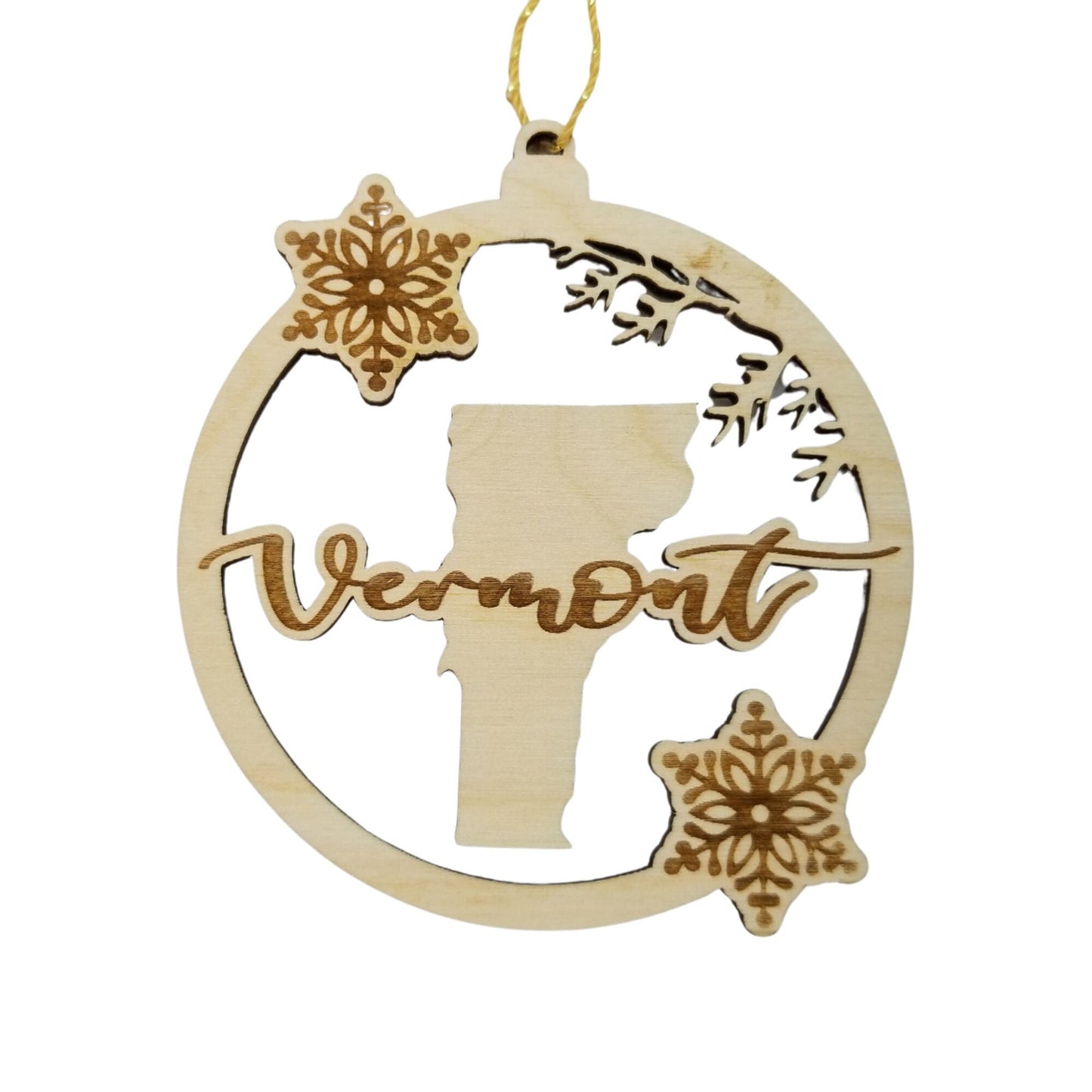 Wholesale Vermont Wood Ornament -  VT State Shape with Snowflakes Cutout - Wood Souvenir