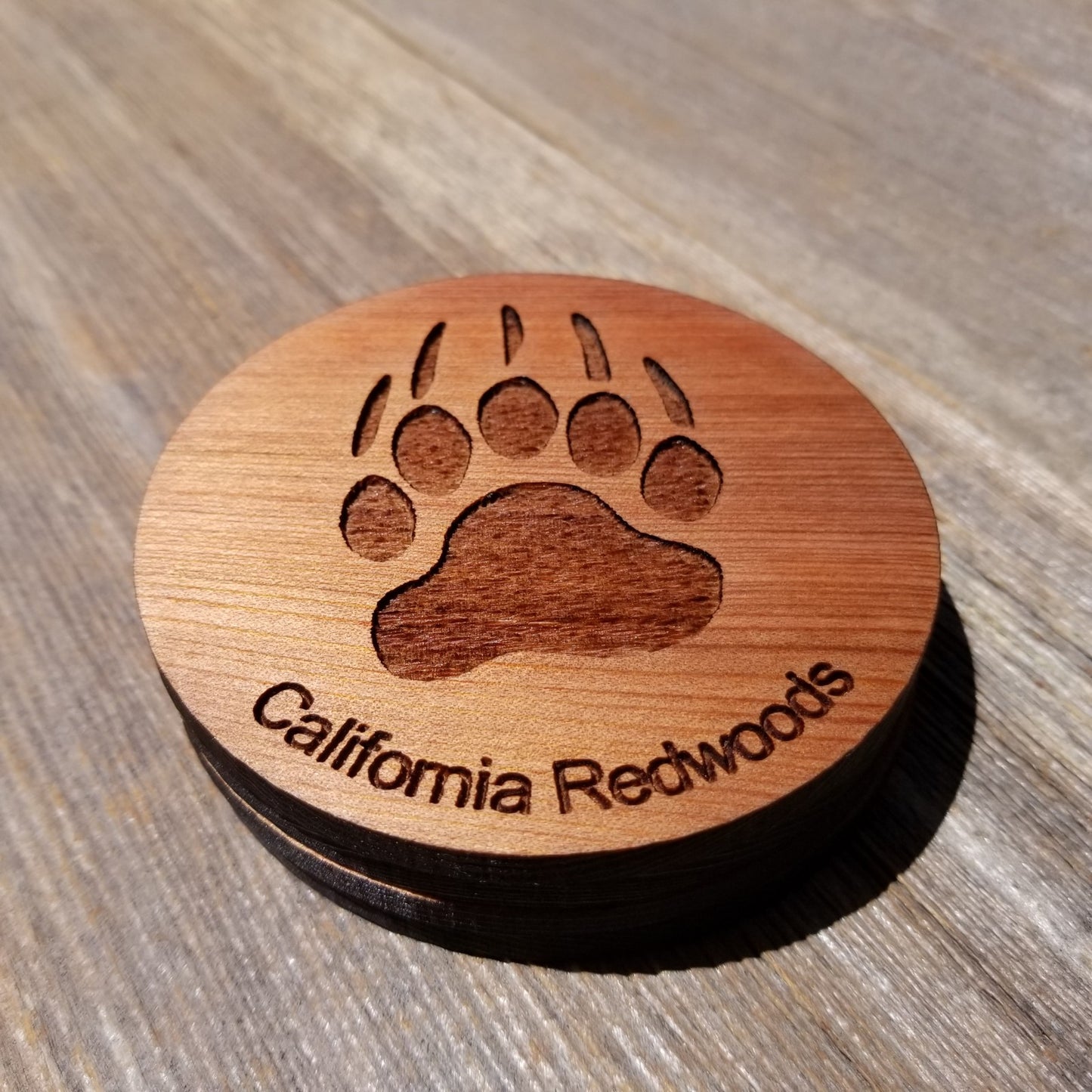 Bear Paw Wood Coasters - Set of 4 - California Redwood - Souvenir - Bear Track