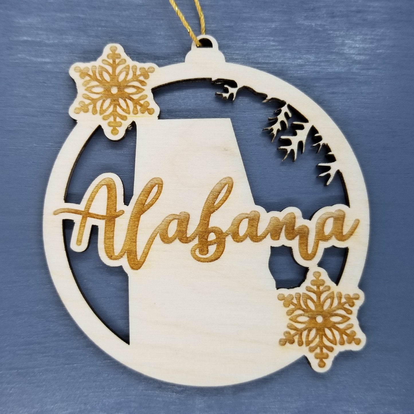 Alabama Wood Ornament -  AL State Shape with Snowflakes Cutout - Handmade Wood Ornament Made in USA Christmas Decor