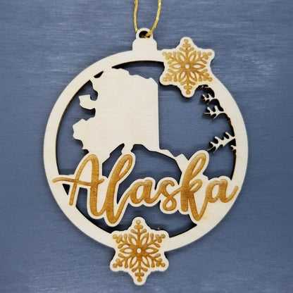 Alaska Wood Ornament -  State Shape with Snowflakes AK Cutout - Handmade Wood Ornament Made in USA Christmas Decor