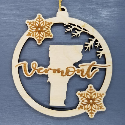 Wholesale Vermont Wood Ornament -  VT State Shape with Snowflakes Cutout - Wood Souvenir