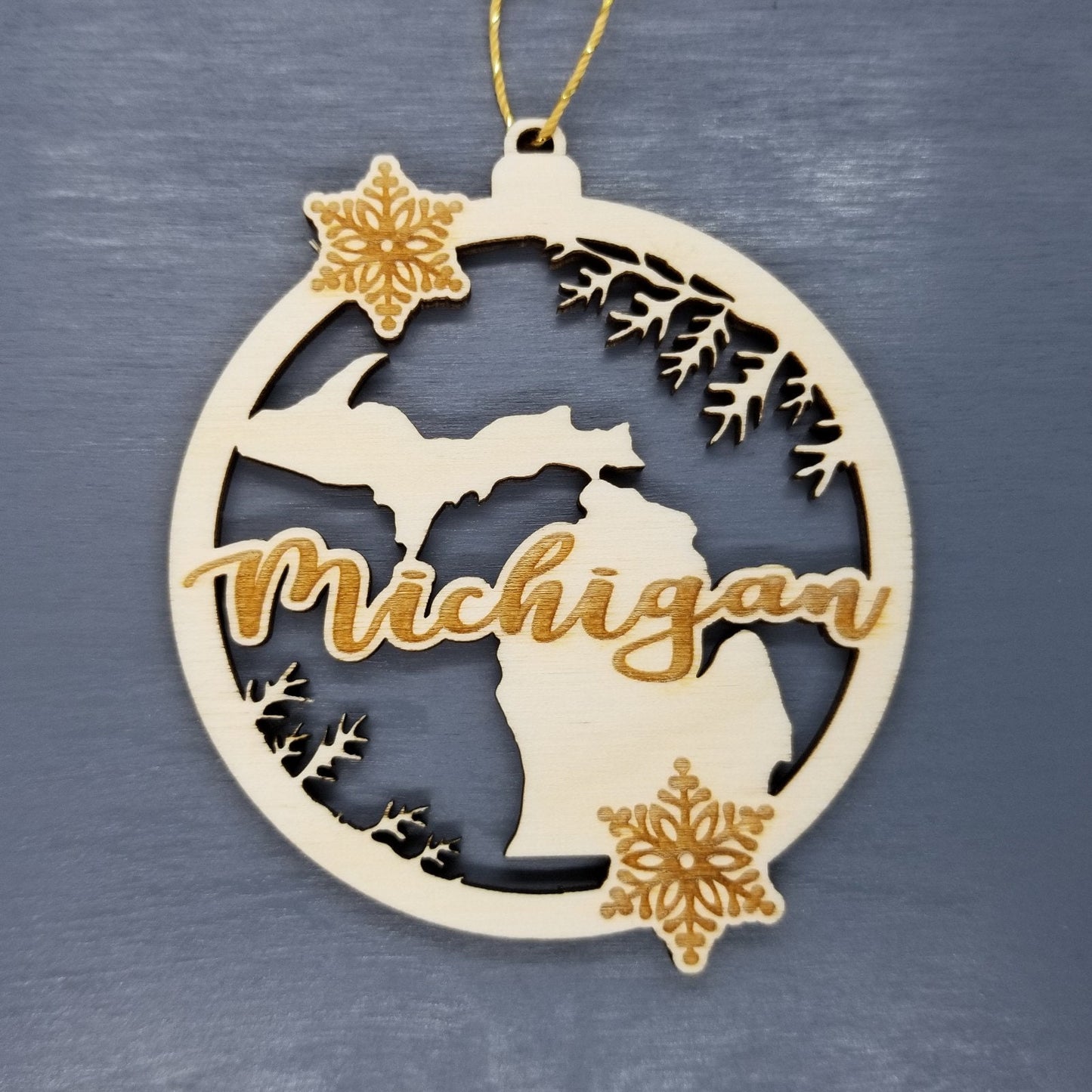 Michigan Wood Ornament -  MI State Shape with Snowflakes Cutout - Handmade Wood Ornament Made in USA Christmas Decor