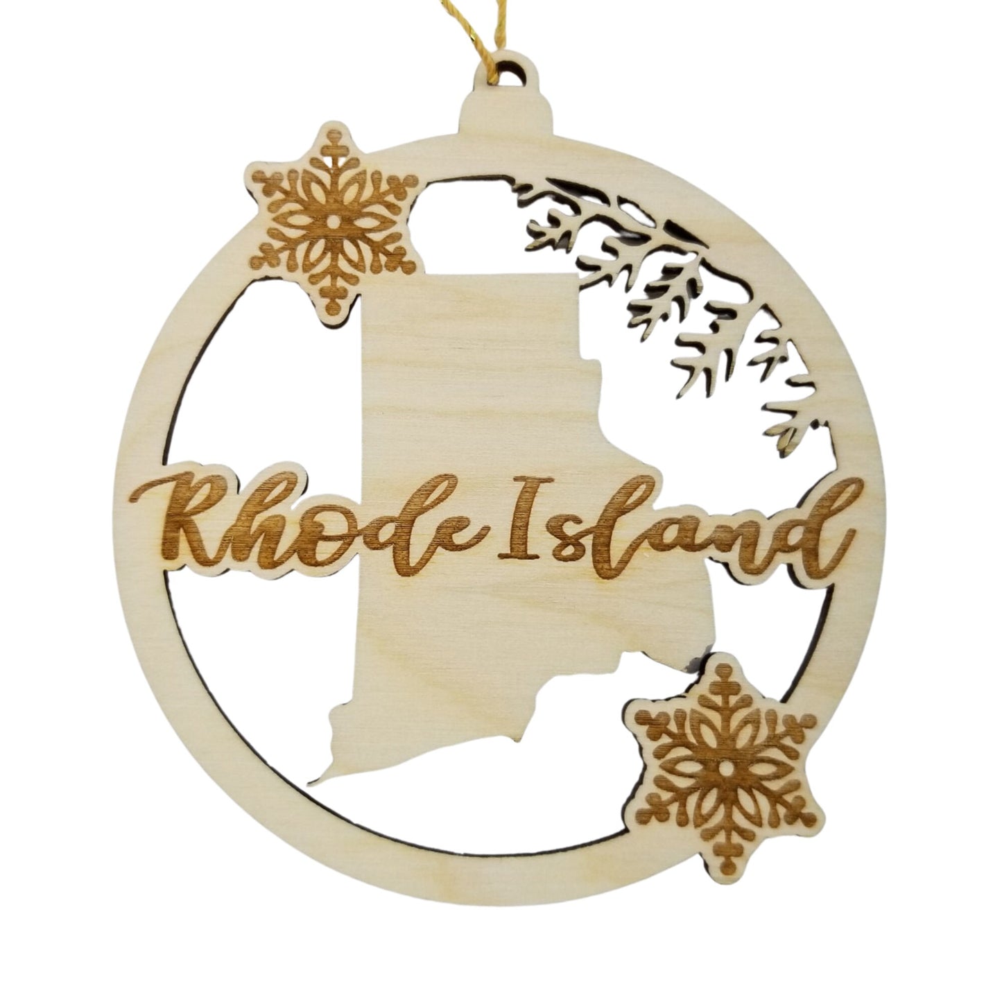 Wholesale Rhode Island Wood Ornament -  State Shape with Snowflakes Cutout RI - Wood Souvenir