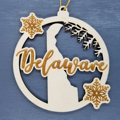 Wholesale Delaware Wood Ornament -  DE State Shape with Snowflakes Cutout - Wood Souvenir