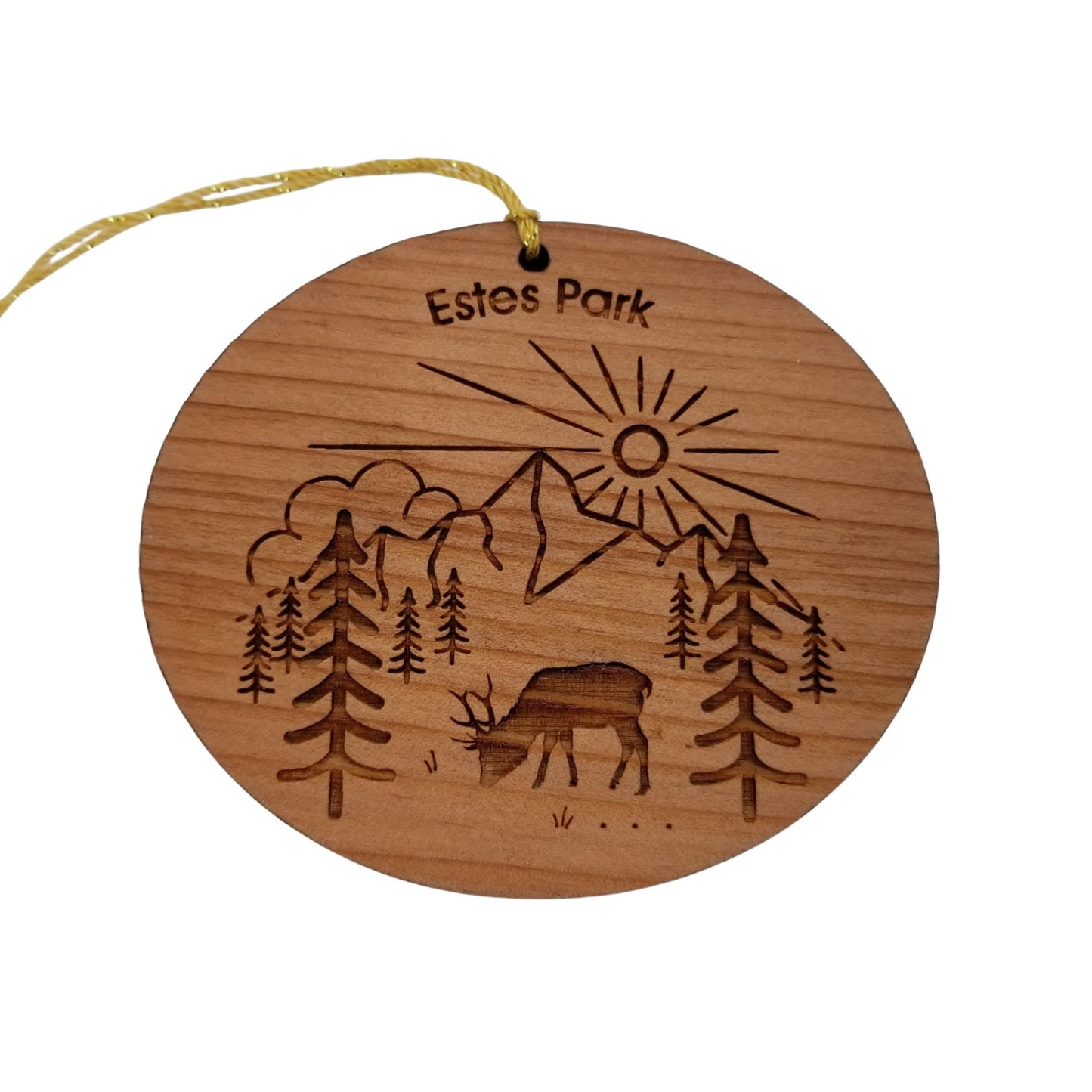 Estes Park Ornament - Elk Mountains Trees Sun Clouds - Handmade Wood Colorado Souvenir Christmas Ornament Travel Gift 3 Inch Rocky Mountain