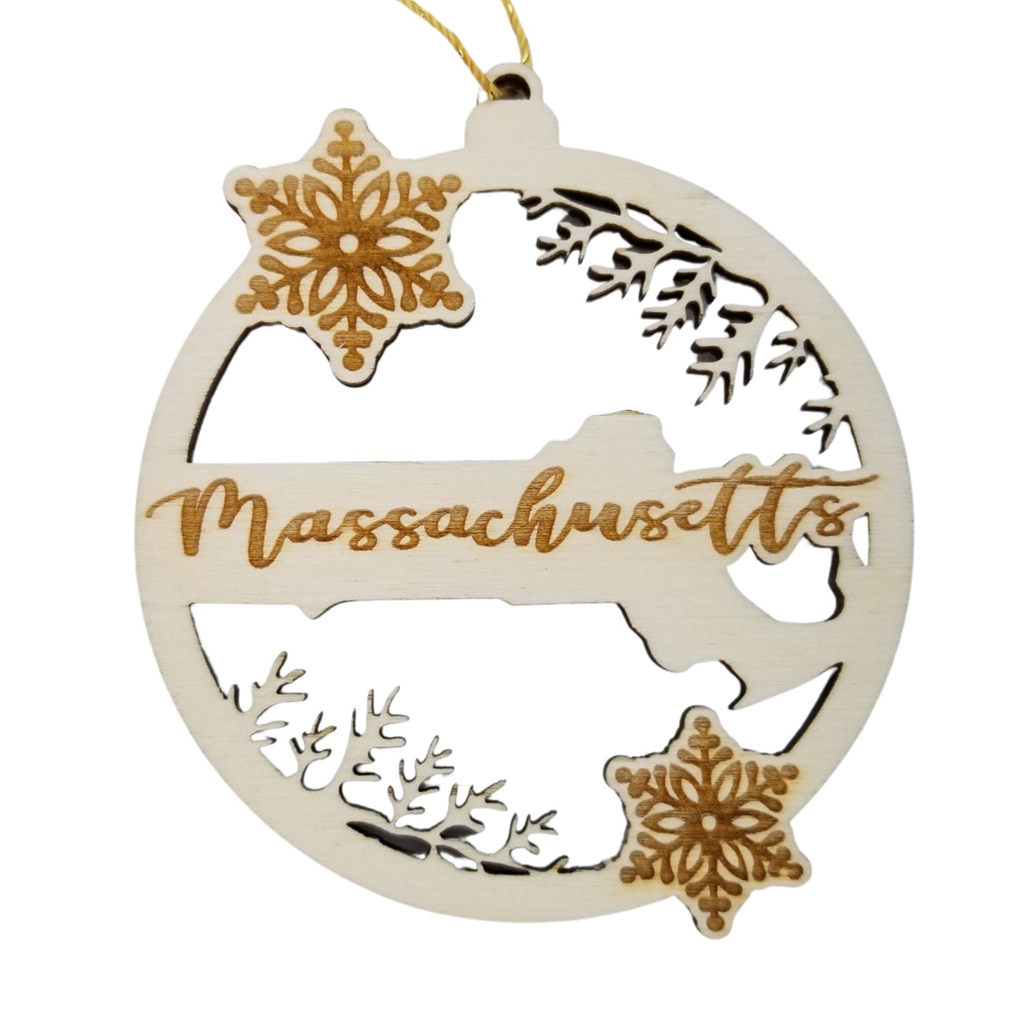 Wholesale Massachusetts Wood Ornament -  State Shape with Snowflakes MA Cutout - Wood Souvenir