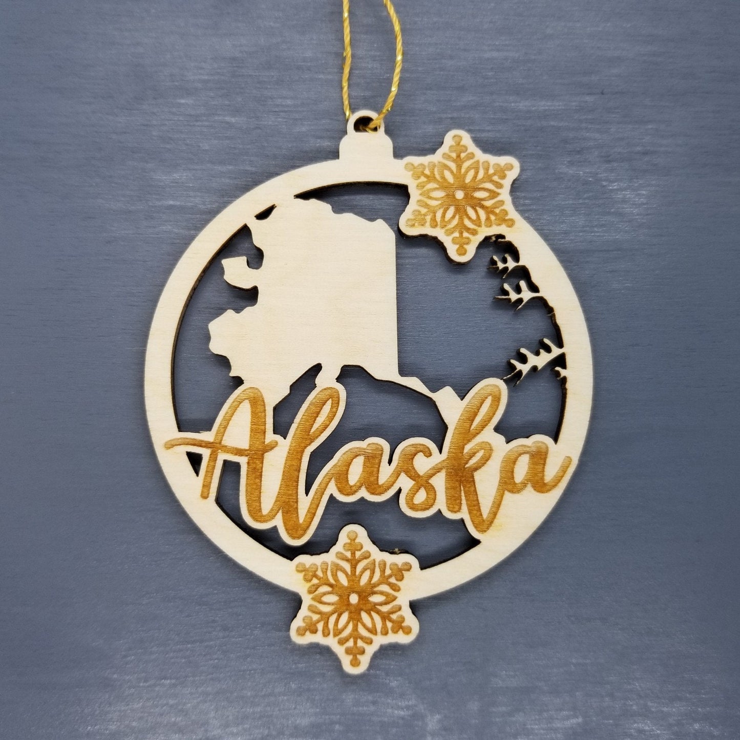 Alaska Wood Ornament -  State Shape with Snowflakes AK Cutout - Handmade Wood Ornament Made in USA Christmas Decor