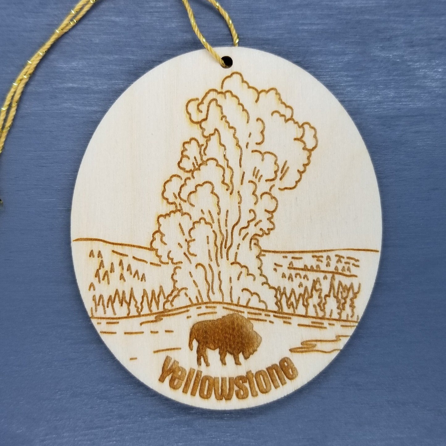 Yellowstone National Park Ornament Old Faithful Geyser Bison Buffalo Handmade Wood Souvenir Made in USA Travel Gift 3 Inch Christmas