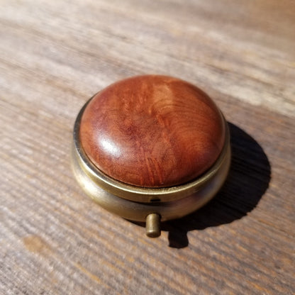 California Burl  Handmade Pill Box 3 Sections Redwood Top #413 Souvenir Memento Rustic Antique Bronze