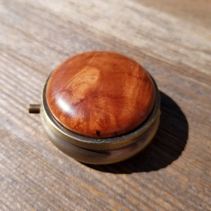 Handmade Pill Box 3 Sections Redwood Top California Burl #399 Souvenir Memento Rustic Antique Bronze