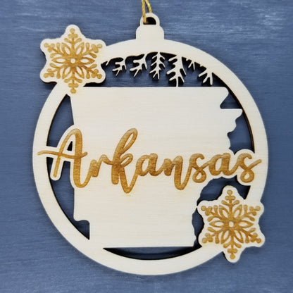 Arkansas Ornament - State Shape with Snowflakes Cutout AR - Handmade Wood Ornament Made in USA Christmas Decor