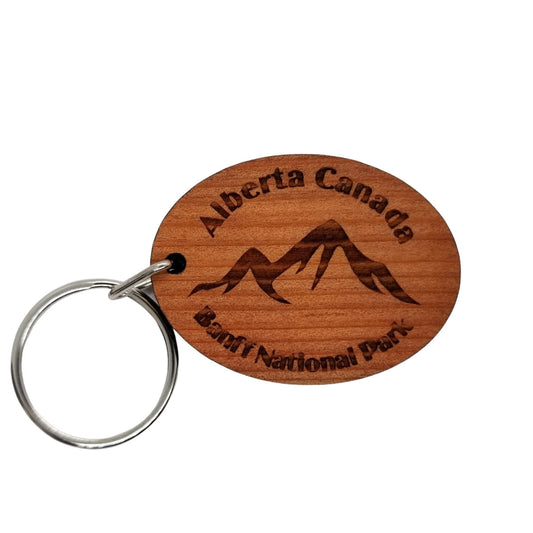 Banff National Park Keychain Wood Keyring Alberta Canada Souvenir Travel Gift Mountains Ski Skiing Skier Snowboard Resort Key Tag Bag