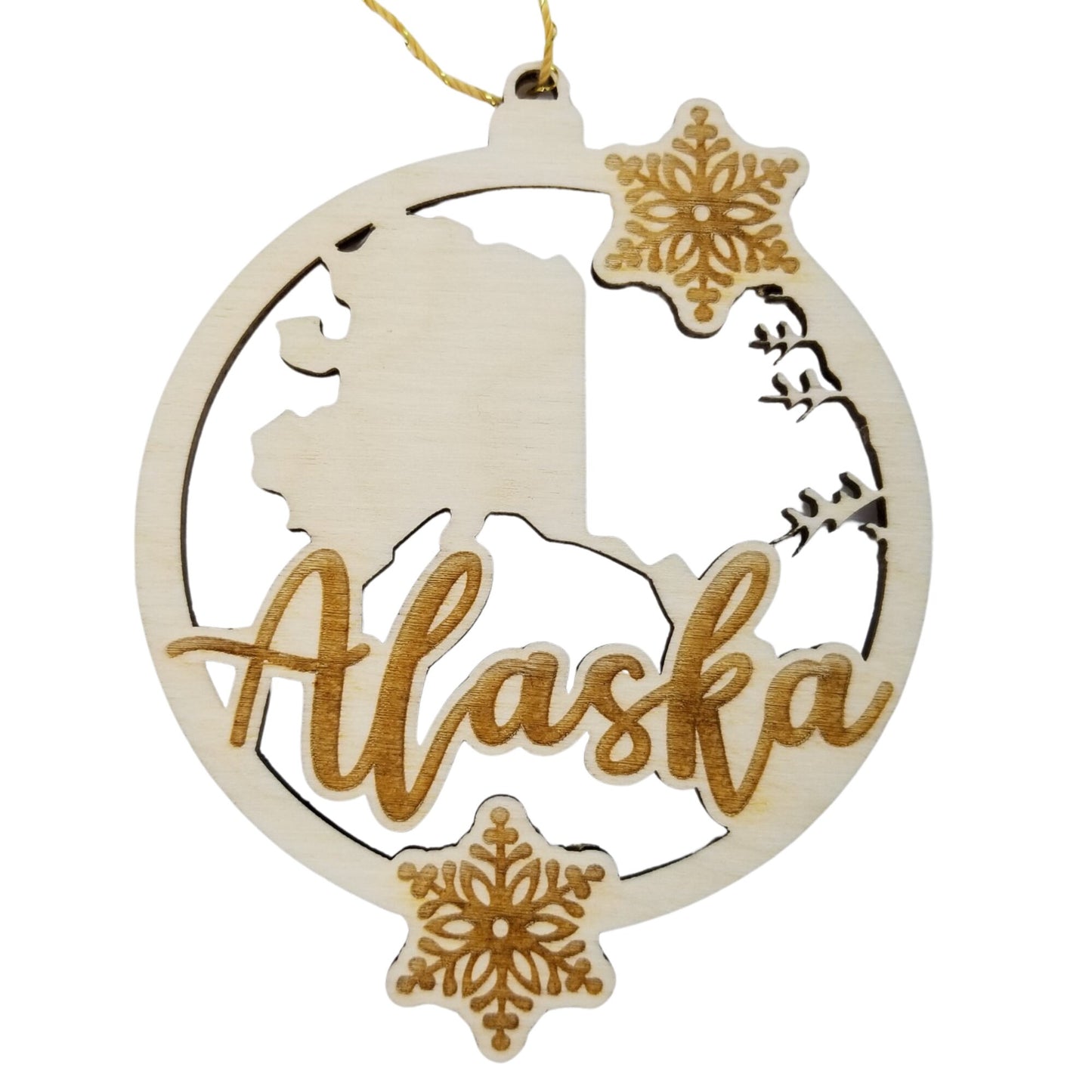 Alaska Wood Ornament -  State Shape with Snowflakes AK Cutout - Handmade Wood Ornament Made in USA Christmas Decor