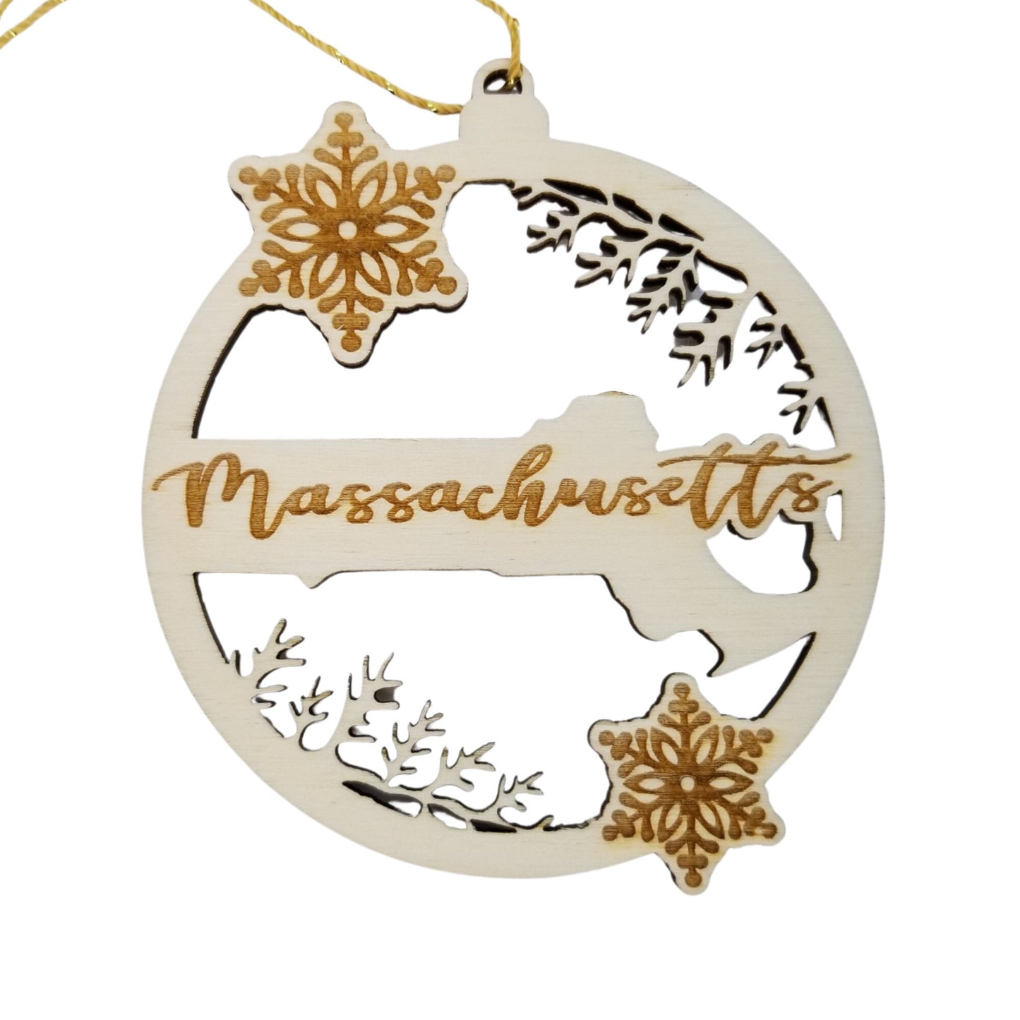 Wholesale Massachusetts Wood Ornament -  State Shape with Snowflakes MA Cutout - Wood Souvenir