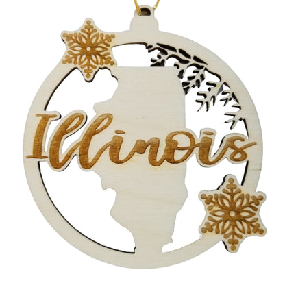 Wholesale Illinois Wood Ornament -  IL State Shape with Snowflakes Cutout - Wood Souvenir