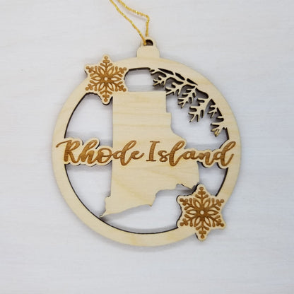 Wholesale Rhode Island Wood Ornament -  State Shape with Snowflakes Cutout RI - Wood Souvenir