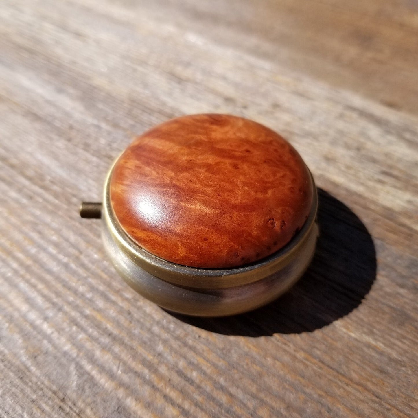 California Burl  Handmade Pill Box 3 Sections Redwood Top #417 Souvenir Memento Rustic Antique Bronze