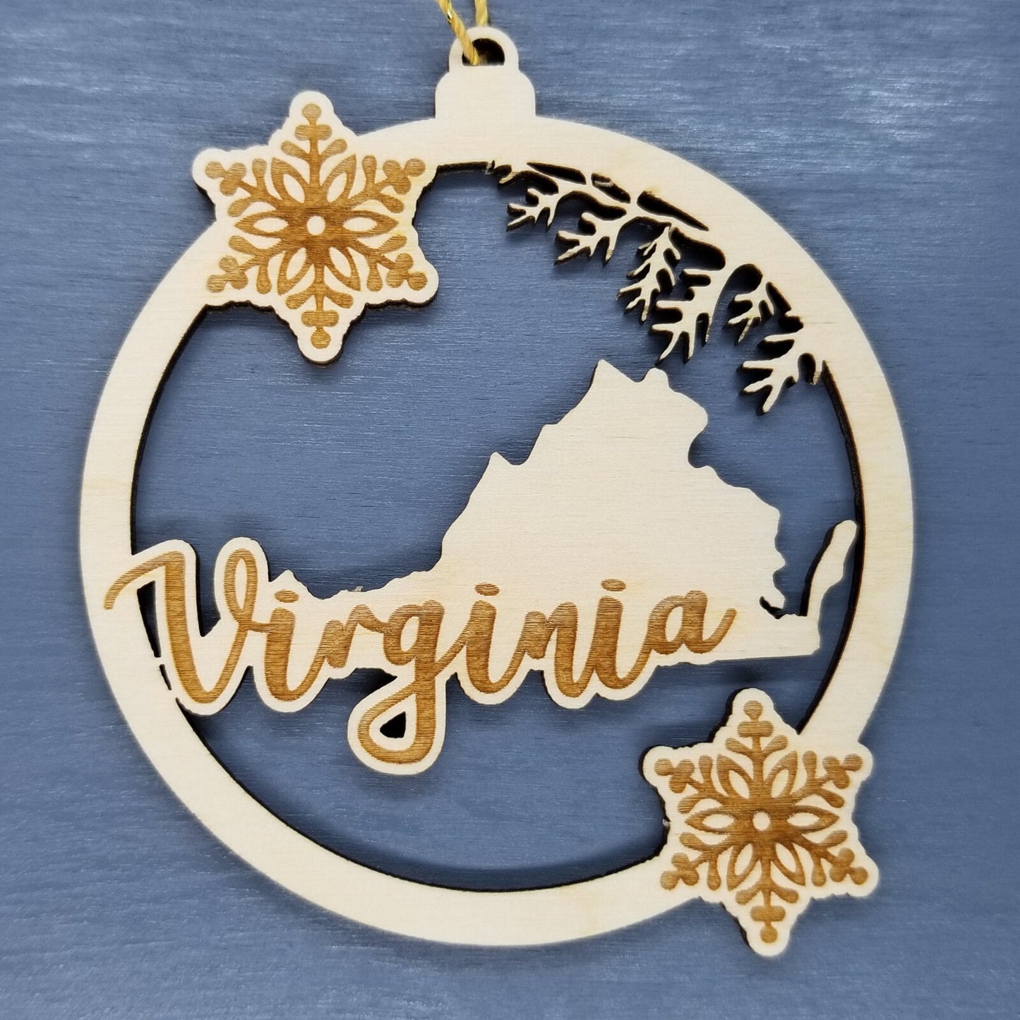 Virginia Wood Ornament -  VA State Shape with Snowflakes Cutout - 15388