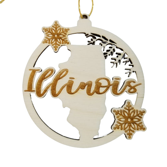 Wholesale Illinois Wood Ornament -  IL State Shape with Snowflakes Cutout - Wood Souvenir