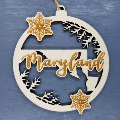 Wholesale Maryland Wood Ornament -  State Shape with Snowflakes Cutout MD - Wood Souvenir