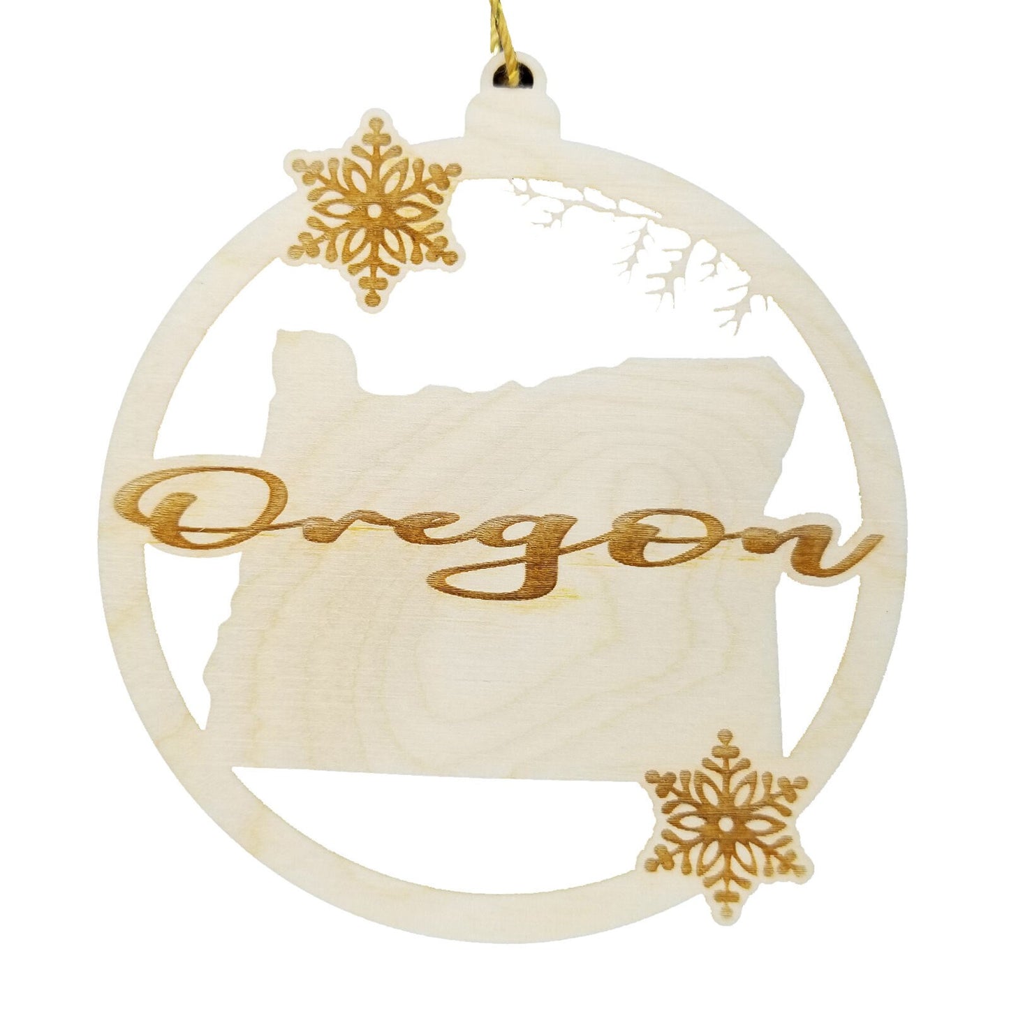 Oregon Wood Ornament -  State Shape with Snowflakes Cutout OR - Handmade Wood Ornament Made in USA Christmas Decor