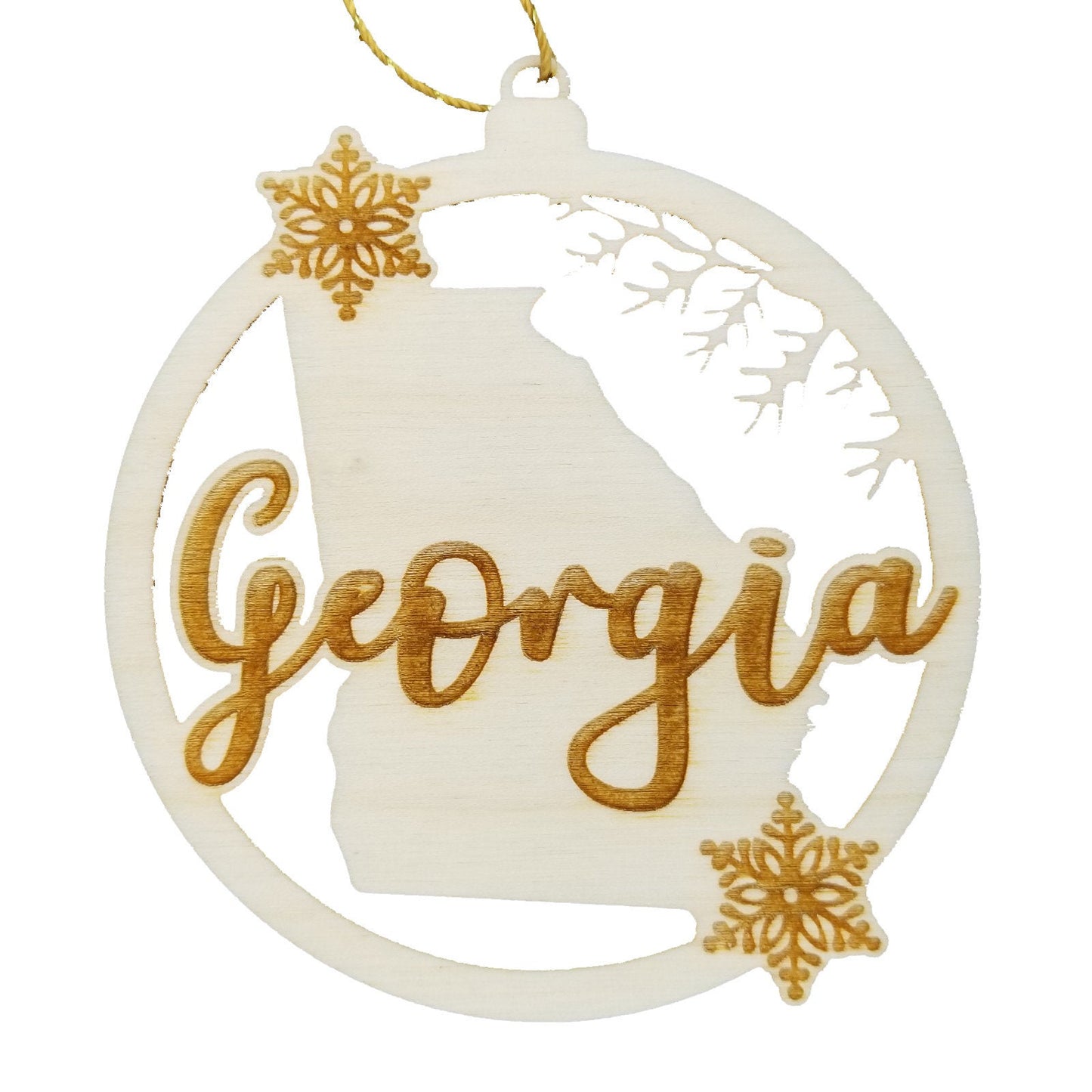 Georgia Ornament - State Shape with Snowflakes Cutout GA Souvenir- Handmade Wood Ornament Made in USA Christmas Decor