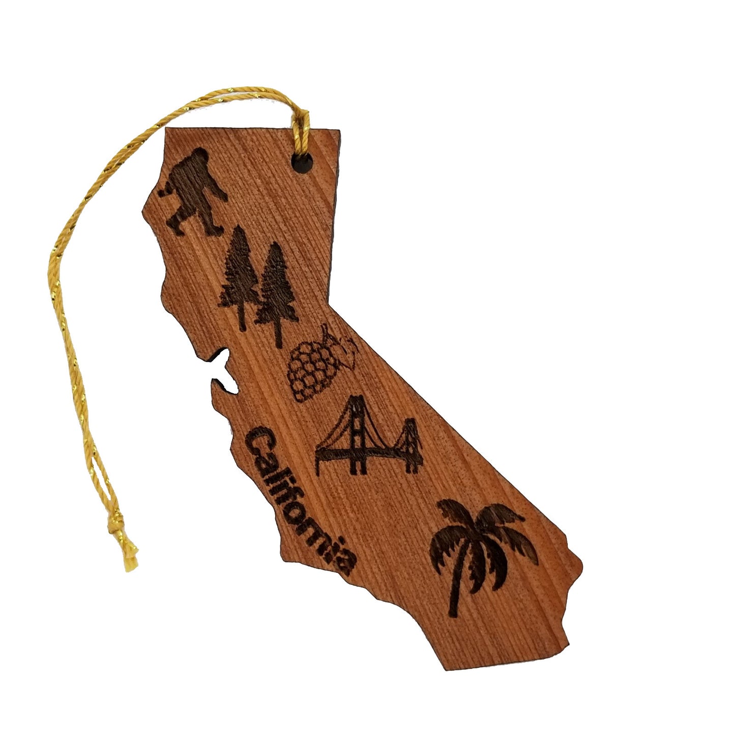 California State Shape Christmas Ornament Collage Bigfoot Golden Gate Bridge Trees Laser Cut Handmade Wood Ornament Made in USA