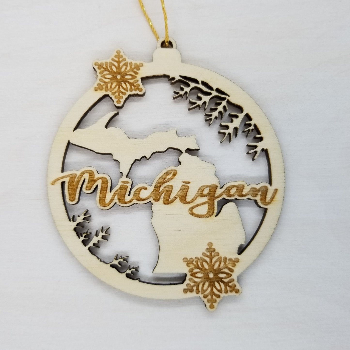 Michigan Wood Ornament -  MI State Shape with Snowflakes Cutout - Handmade Wood Ornament Made in USA Christmas Decor