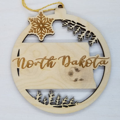 Wholesale North Dakota Wood Ornament -  ND State Shape with Snowflakes Cutout - Wood Souvenir