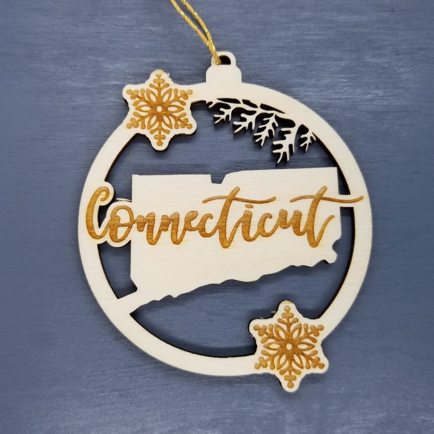 Connecticut Wood Ornament - CT State Shape with Snowflakes Cutout - Handmade Wood Ornament Made in USA Christmas Decor