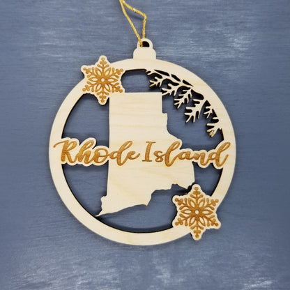 Wholesale Rhode Island Wood Ornament -  State Shape with Snowflakes Cutout RI - Wood Souvenir