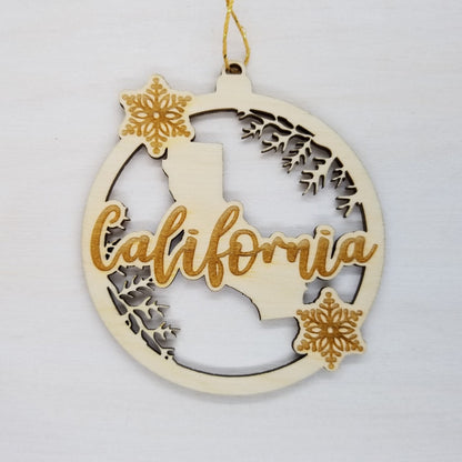 Wholesale California Wood Ornament -  CA State Shape with Snowflakes Cutout - Wood Souvenir