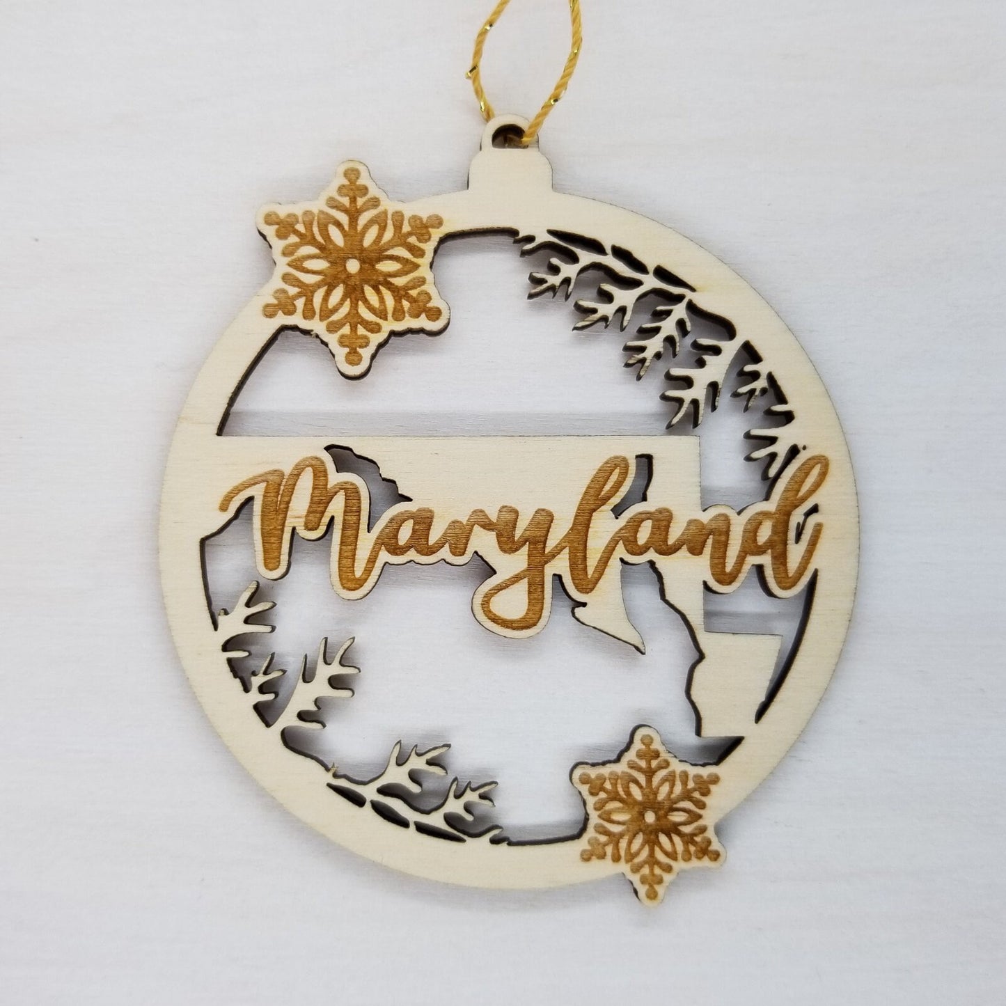 Wholesale Maryland Wood Ornament -  State Shape with Snowflakes Cutout MD - Wood Souvenir