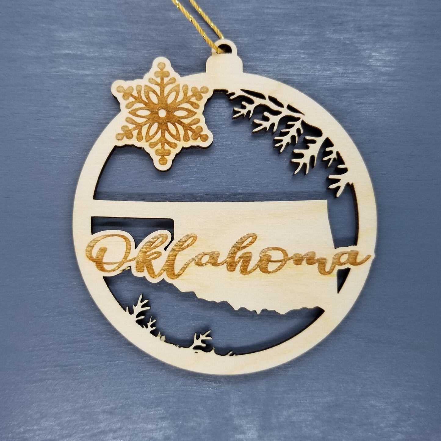 Wholesale Oklahoma Wood Ornament -  State Shape with Snowflakes OK Cutout - Wood Souvenir