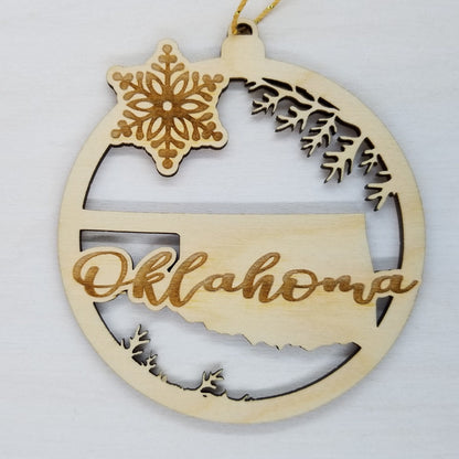 Wholesale Oklahoma Wood Ornament -  State Shape with Snowflakes OK Cutout - Wood Souvenir