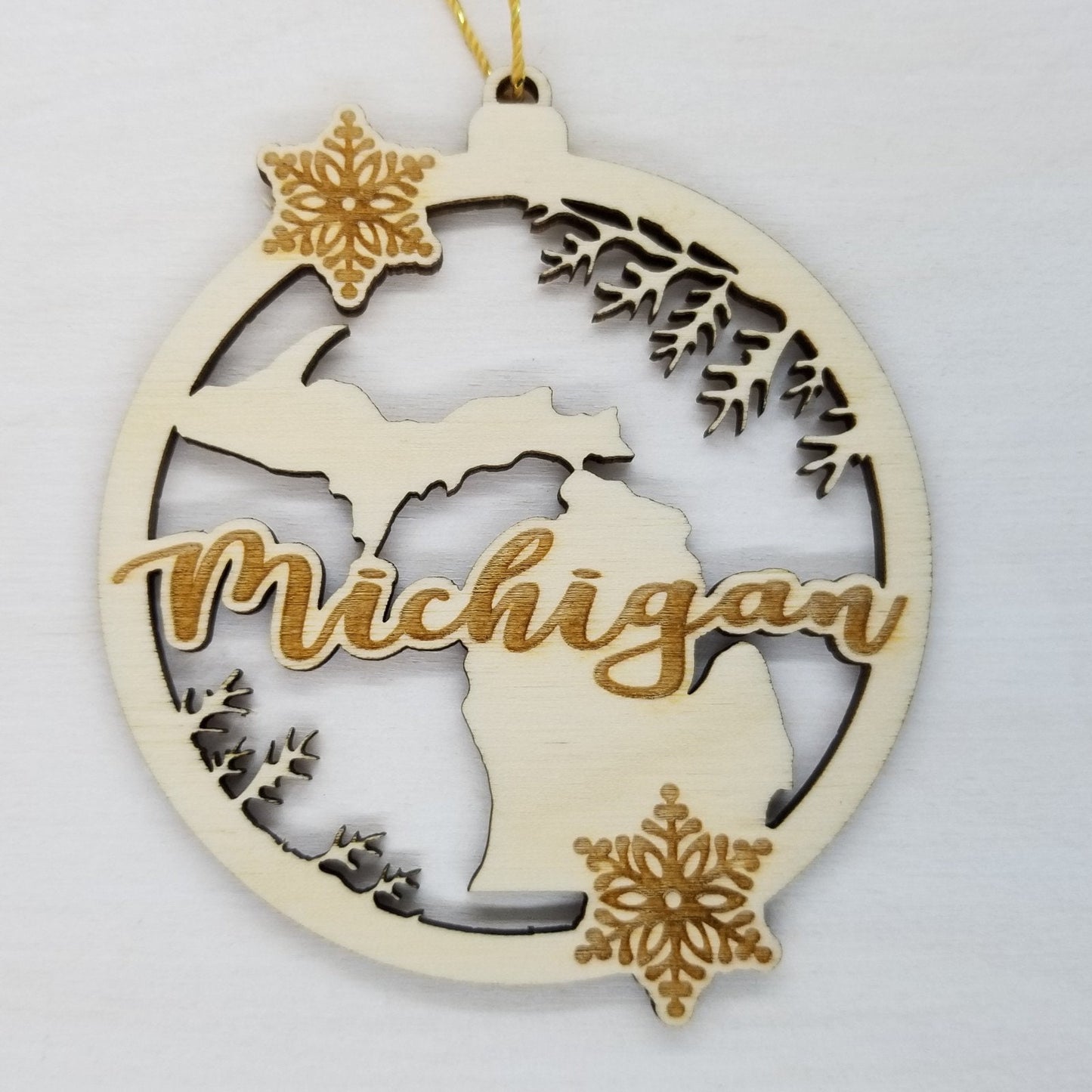 Michigan Wood Ornament -  MI State Shape with Snowflakes Cutout - Handmade Wood Ornament Made in USA Christmas Decor