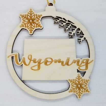 Wyoming Ornament - State Shape with Snowflakes Cutout WY - Handmade Wood Ornament Made in USA Christmas Decor