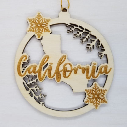 Wholesale California Wood Ornament -  CA State Shape with Snowflakes Cutout - Wood Souvenir