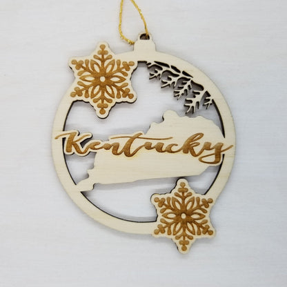 Wholesale Kentucky Wood Ornament -  KY State Shape with Snowflakes Cutout - Wood Souvenir